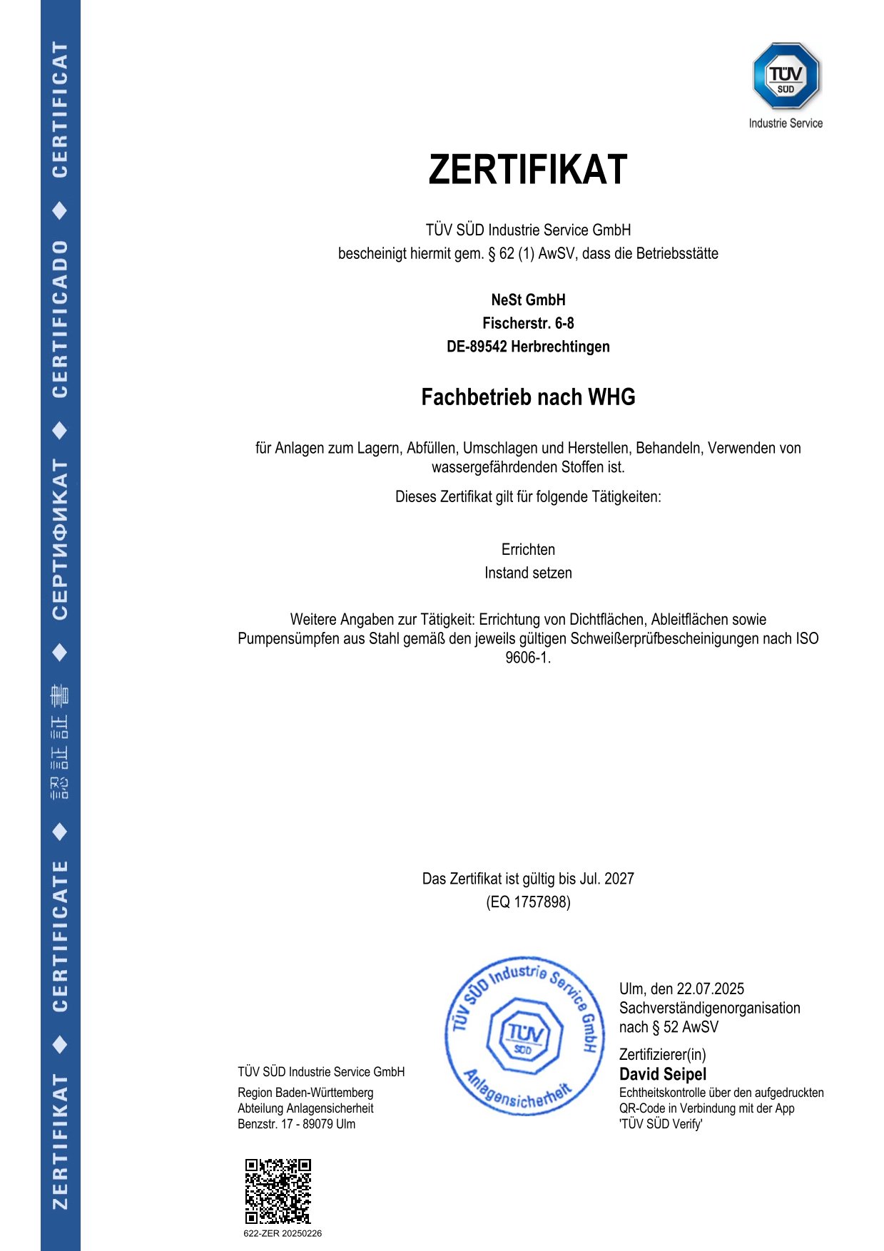 TÜV Süd Bescheinigung zum Fachbetrieb nach WHG